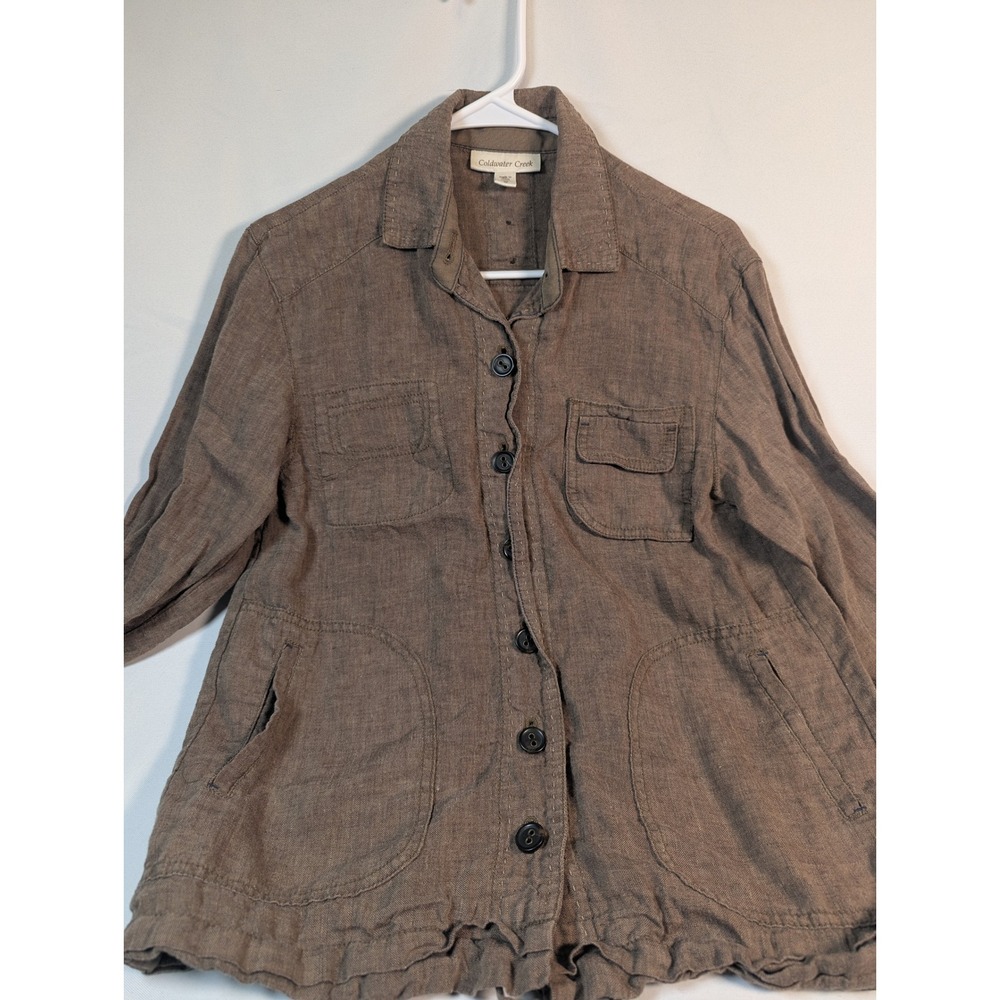 Coldwater Creek Brown 100% Linen Utility Jacket Roll Tab Sleeve Womens XS